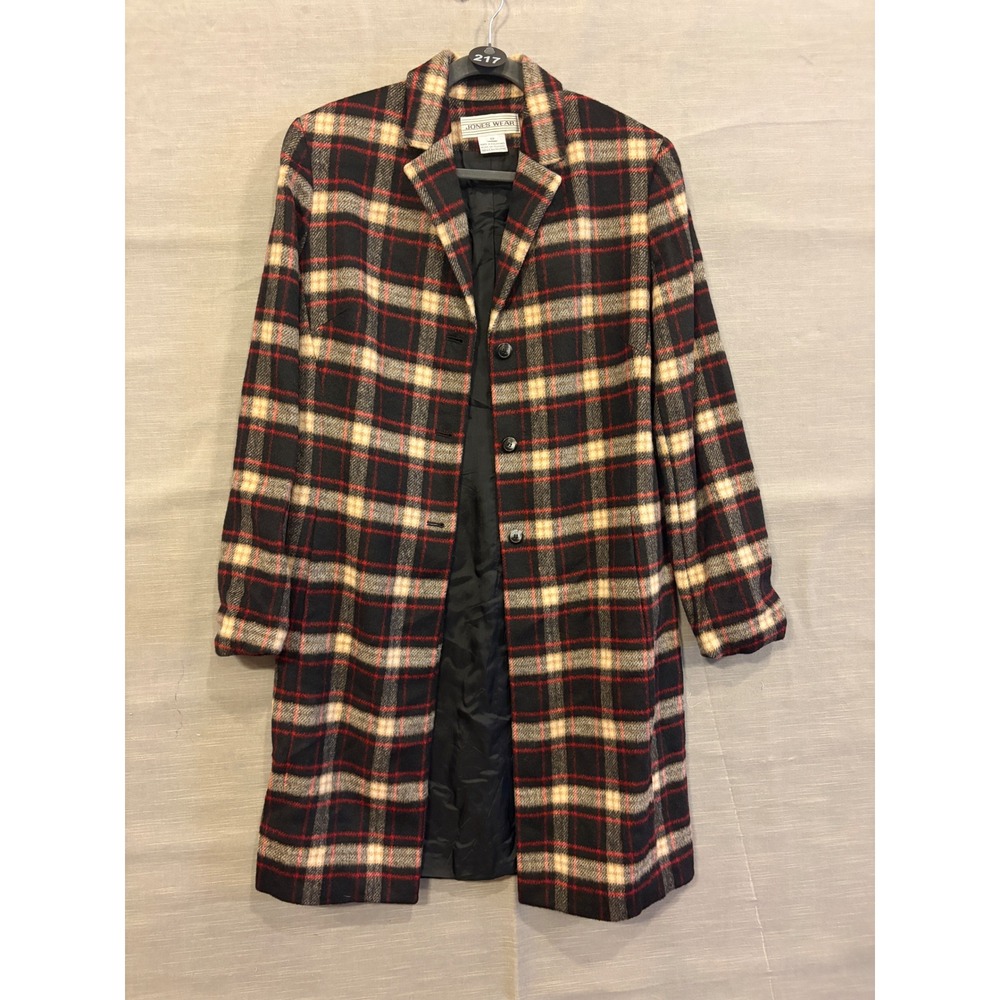L 217 Jones Wear Plaid Wool Blend Long Coat Black Red Cream Button Front Lined - Picture 3 of 8